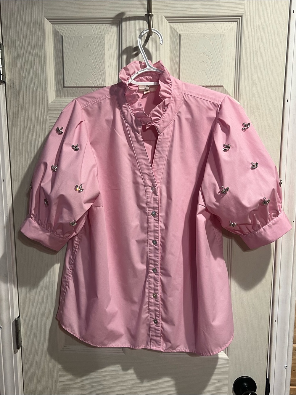 entro Pink Ruffle Collar Puff-Sleeve Blouse with Embellished Sleeves